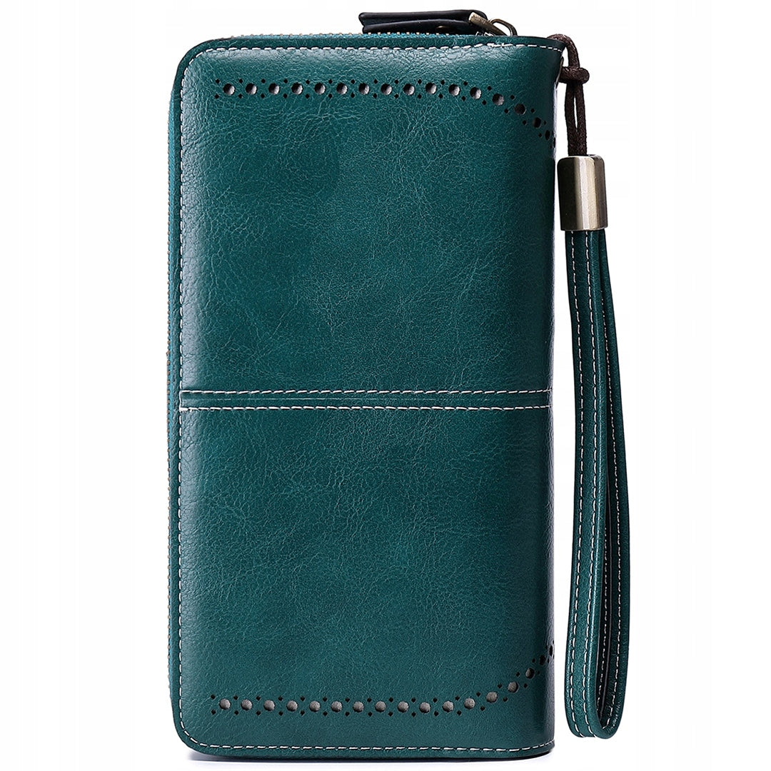 Moteriška odinė žalia piniginė su RFID, didelė, su spaude, užtrauktuku, dirželiu, rinkinys