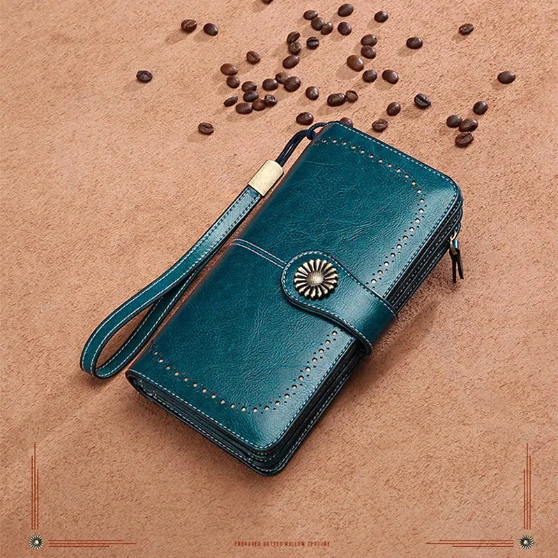 Moteriška odinė žalia piniginė su RFID, didelė, su spaude, užtrauktuku, dirželiu, rinkinys