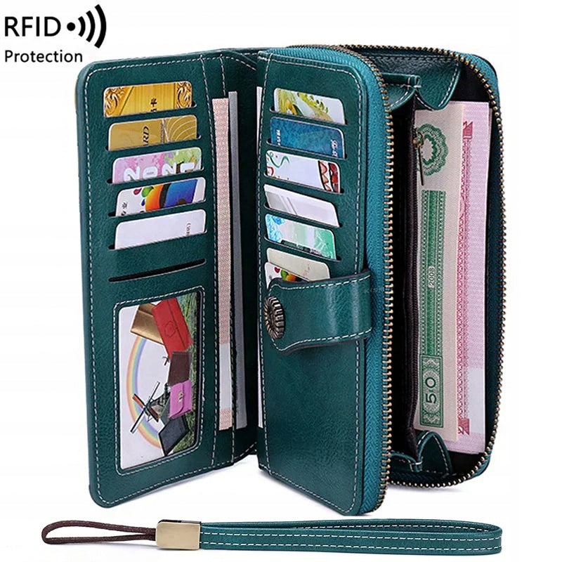 Moteriška odinė žalia piniginė su RFID, didelė, su spaude, užtrauktuku, dirželiu, rinkinys