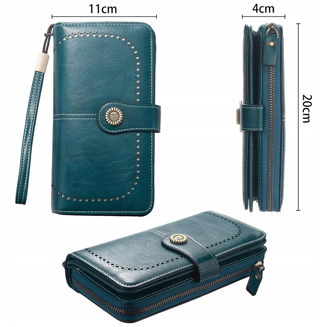 Moteriška odinė žalia piniginė su RFID, didelė, su spaude, užtrauktuku, dirželiu, rinkinys