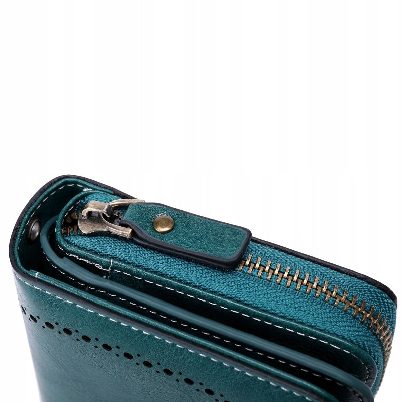 Moteriška odinė žalia piniginė su RFID, didelė, su spaude, užtrauktuku, dirželiu, rinkinys