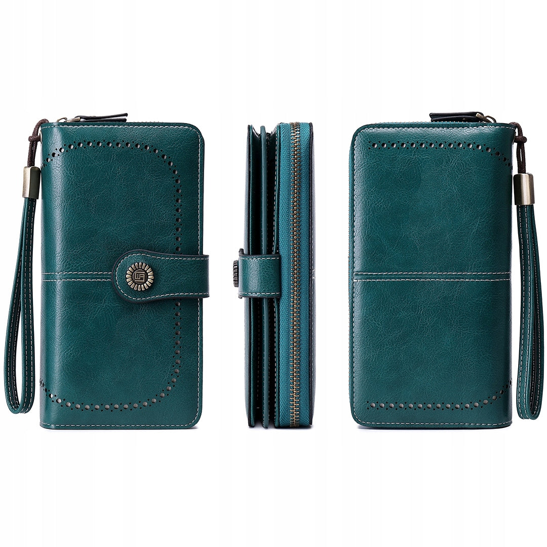Moteriška odinė žalia piniginė su RFID, didelė, su spaude, užtrauktuku, dirželiu, rinkinys
