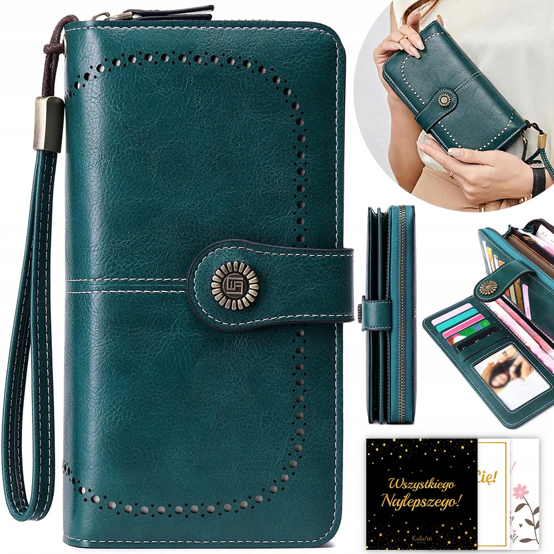 Moteriška odinė žalia piniginė su RFID, didelė, su spaude, užtrauktuku, dirželiu, rinkinys