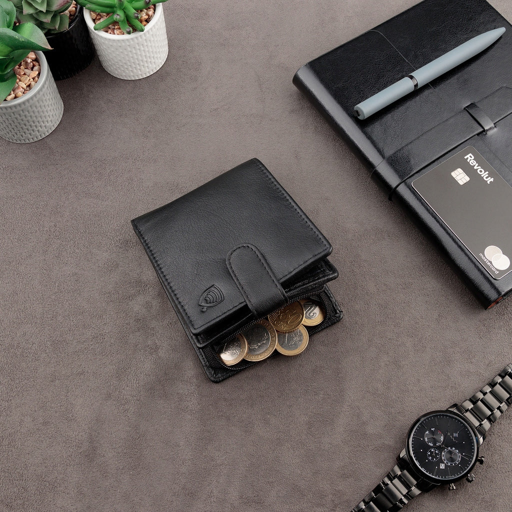 Vyriška odinė piniginė su užtrauktuku, monetų skyriumi, APSAUGA nuo vagysčių su RFID kortelėmis / KORUMA