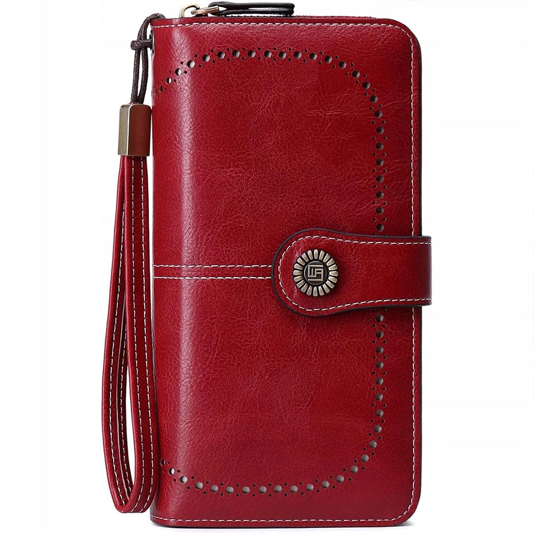 Raudona moteriška odinė piniginė – elegantiška, funkcionali, talpi, su RFID