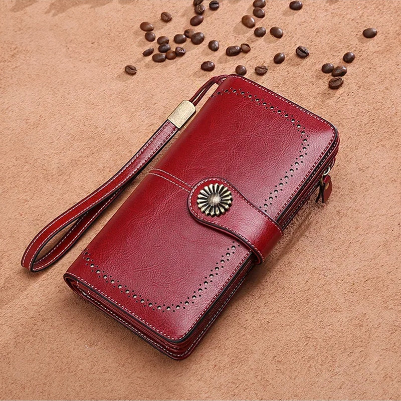 Raudona moteriška odinė piniginė – elegantiška, funkcionali, talpi, su RFID