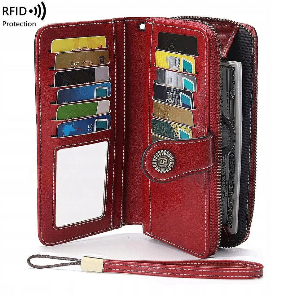 Raudona moteriška odinė piniginė – elegantiška, funkcionali, talpi, su RFID