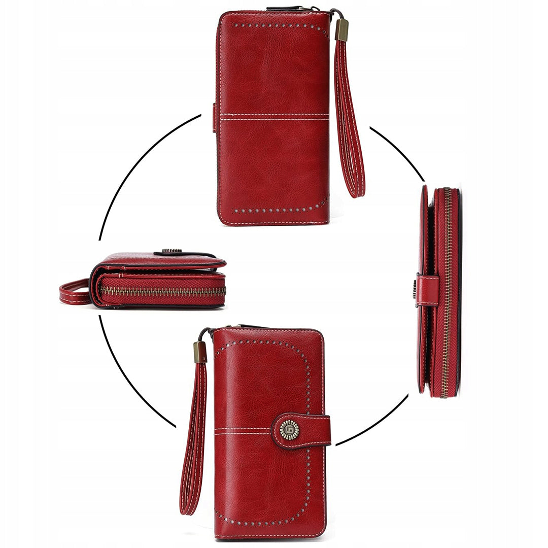 Raudona moteriška odinė piniginė – elegantiška, funkcionali, talpi, su RFID