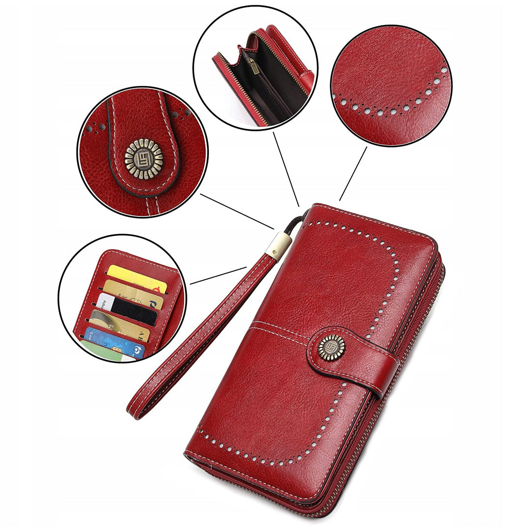 Raudona moteriška odinė piniginė – elegantiška, funkcionali, talpi, su RFID