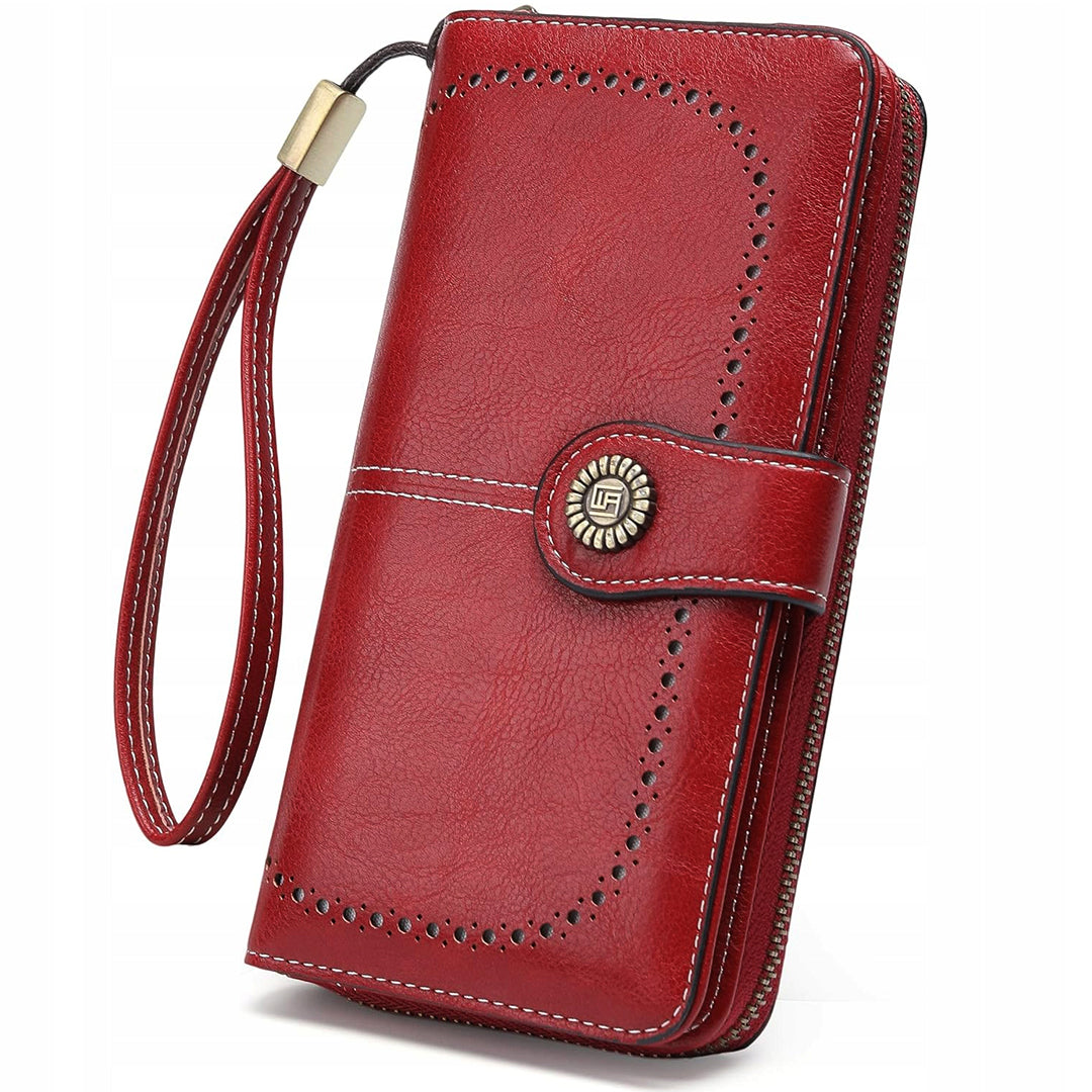 Raudona moteriška odinė piniginė – elegantiška, funkcionali, talpi, su RFID