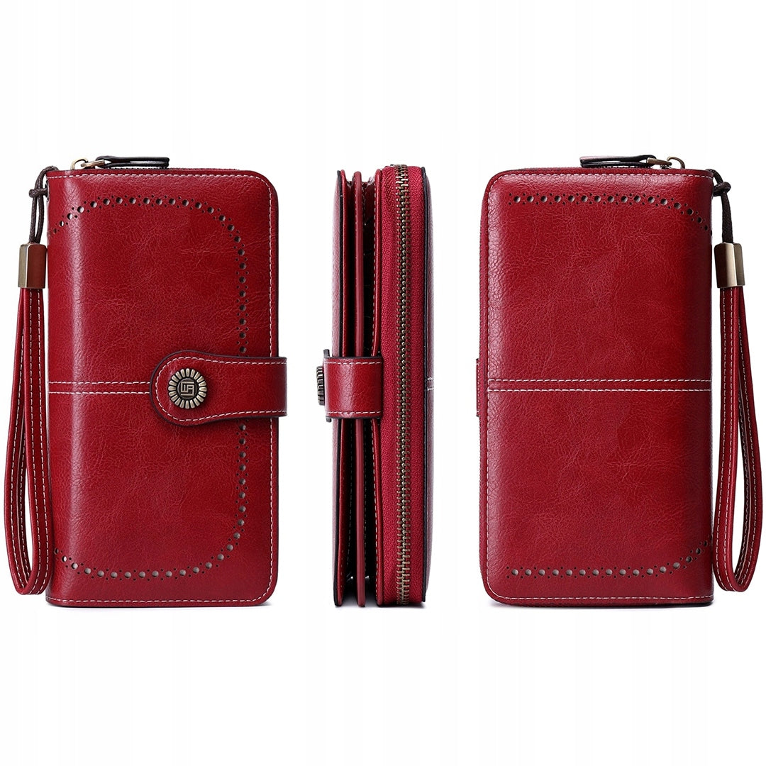 Raudona moteriška odinė piniginė – elegantiška, funkcionali, talpi, su RFID