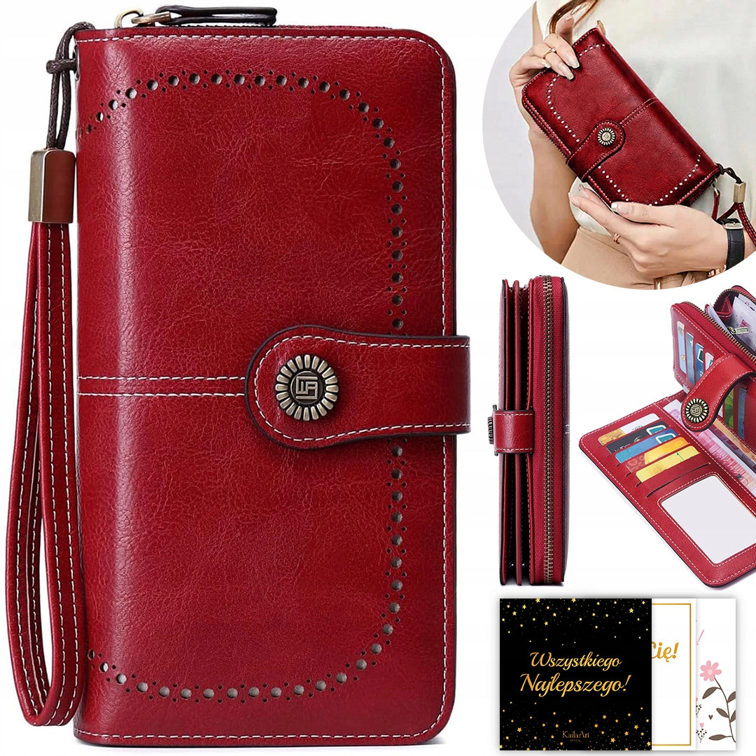 Raudona moteriška odinė piniginė – elegantiška, funkcionali, talpi, su RFID