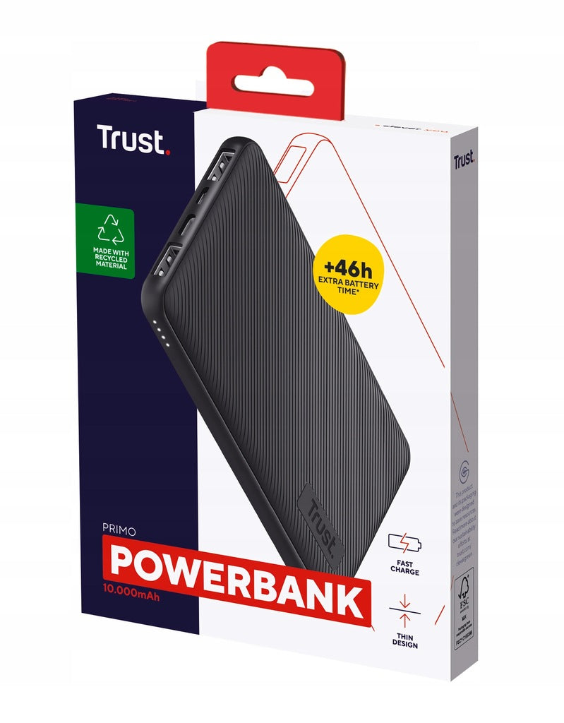 POWERBANK 10000 mAh TRUST PRIMO USB-C 2x USB 15W SU KABELIU JUODAS
