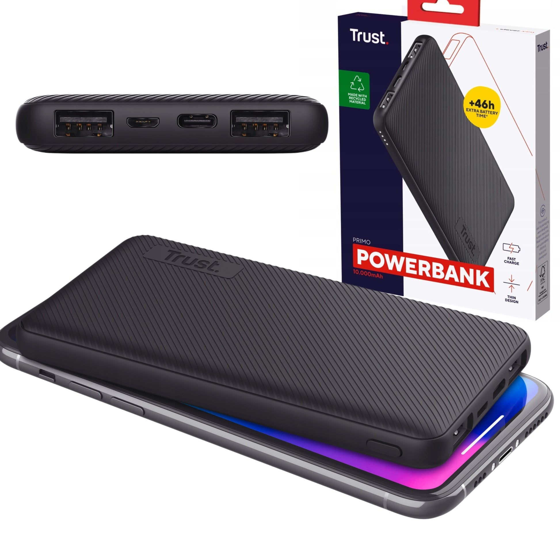POWERBANK 10000 mAh TRUST PRIMO USB-C 2x USB 15W SU KABELIU JUODAS
