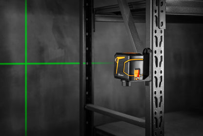 Tikslus žalias kryžminis lazerinis nivelyras su švytuoklės fiksatoriumi DEKO