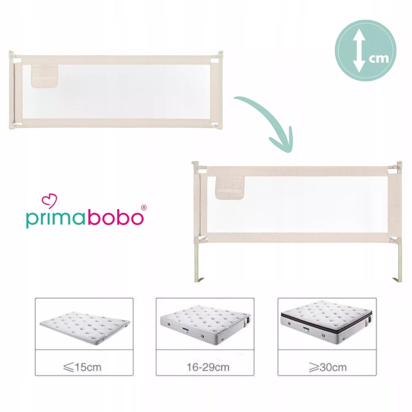 PRIMABOBO CLASSIC 180cm apsauginis lovos barjeras vaikams, aukštas, smėlio spalvos