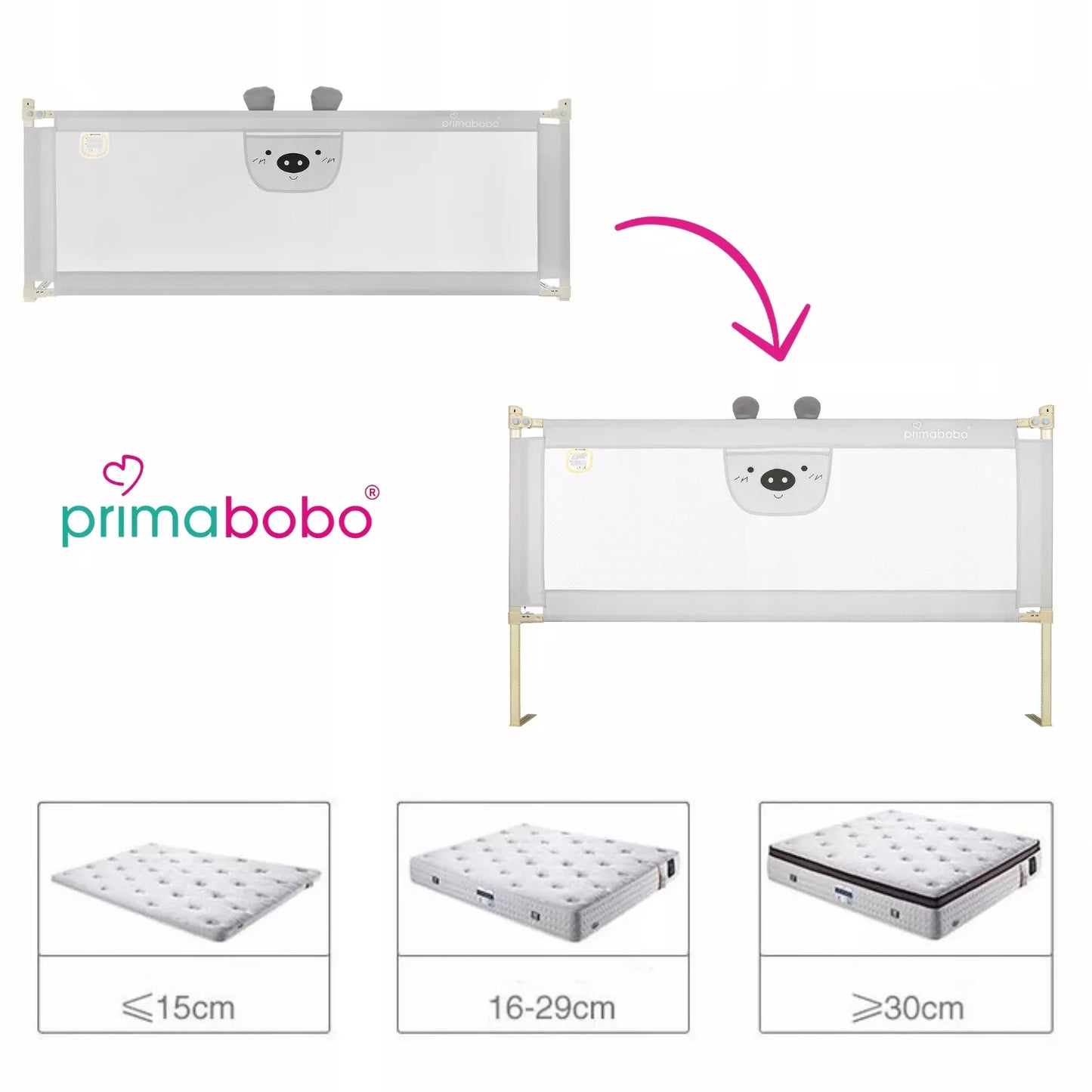 PRIMABOBO Apsauginis lovytės atitvaras PASAKŲ MEŠKINAS 140cm SULANSTOMAS, vaikams PILKAS