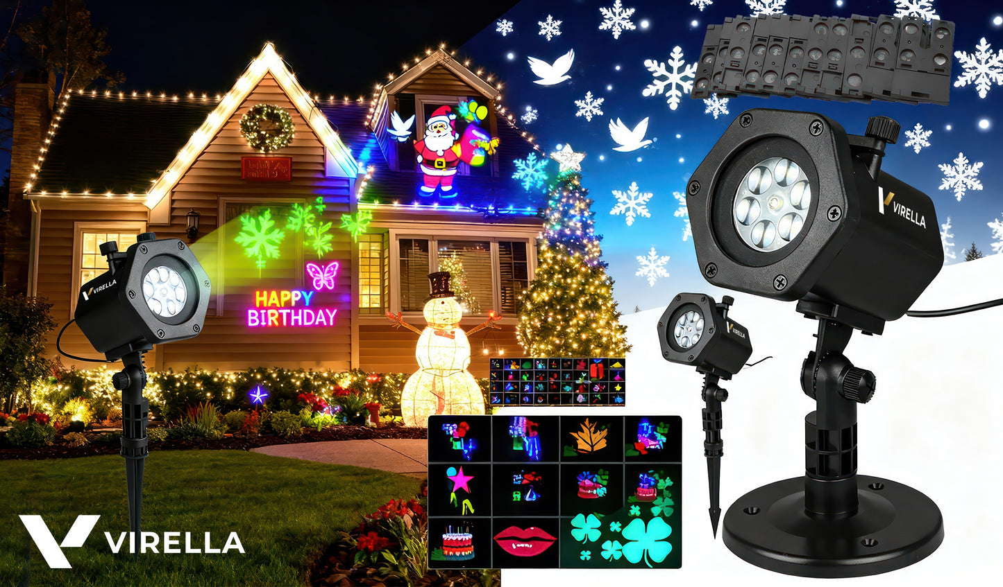 LAUKO KALĖDINIS LAZERINIS PROŽEKTORIUS ANT NAMŲ 12 KORTELIŲ 48 RAŠTAI