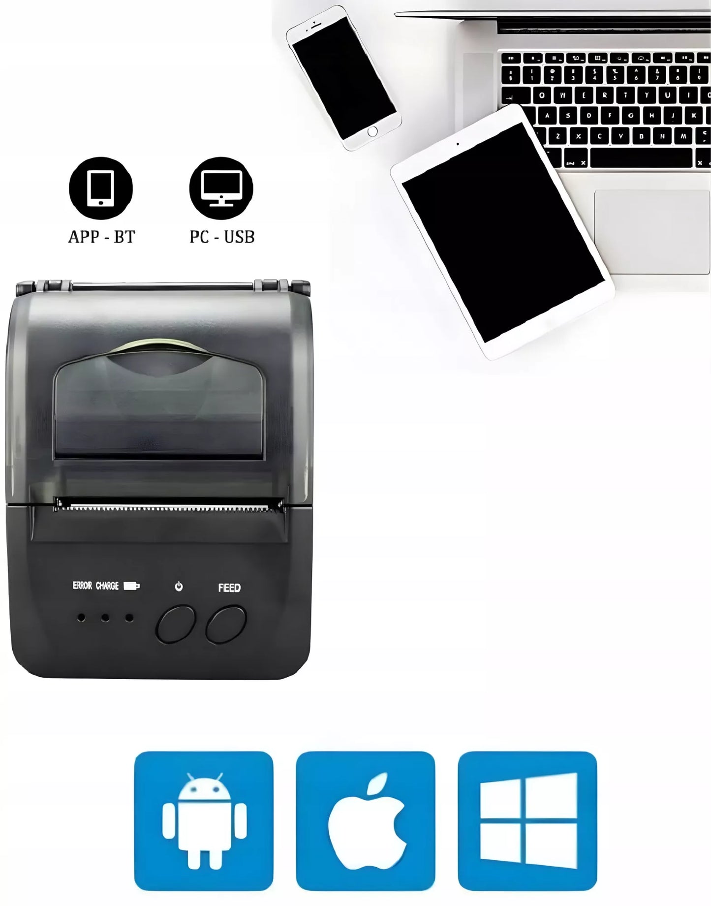 NEŠIOJAMAS MINI TERMINIS SPAUSDINTUVAS MOBILUS BLUETOOTH SĄSKAITOMS USB