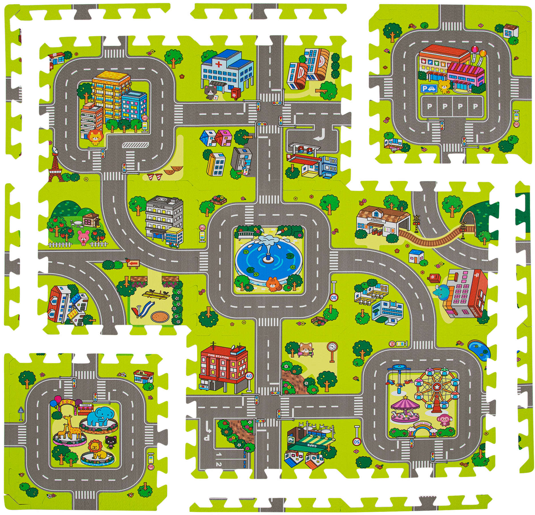 Dėlionės putplasčio edukacinis kilimėlis: miestas, gatvės, keliai