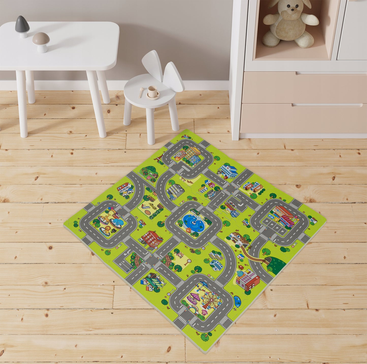 Dėlionės putplasčio edukacinis kilimėlis: miestas, gatvės, keliai