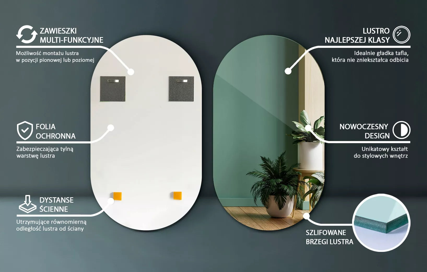 Ilgi vertikalus didelis ovalus veidrodis svetainei