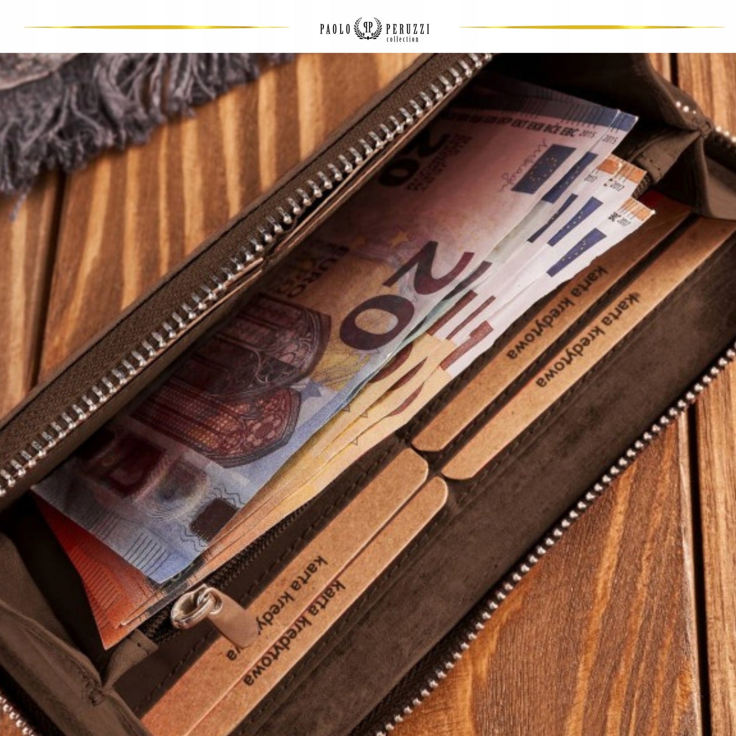 Moteriška odinė ruda didelė piniginė "kopertówka" su geometriniu raštu, RFID