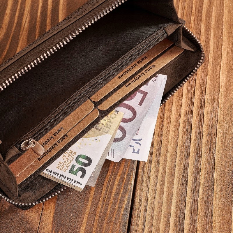 Moteriška odinė ruda didelė piniginė "kopertówka" su geometriniu raštu, RFID