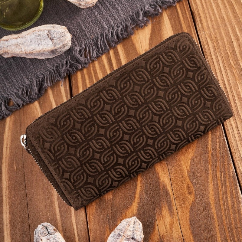 Moteriška odinė ruda didelė piniginė "kopertówka" su geometriniu raštu, RFID