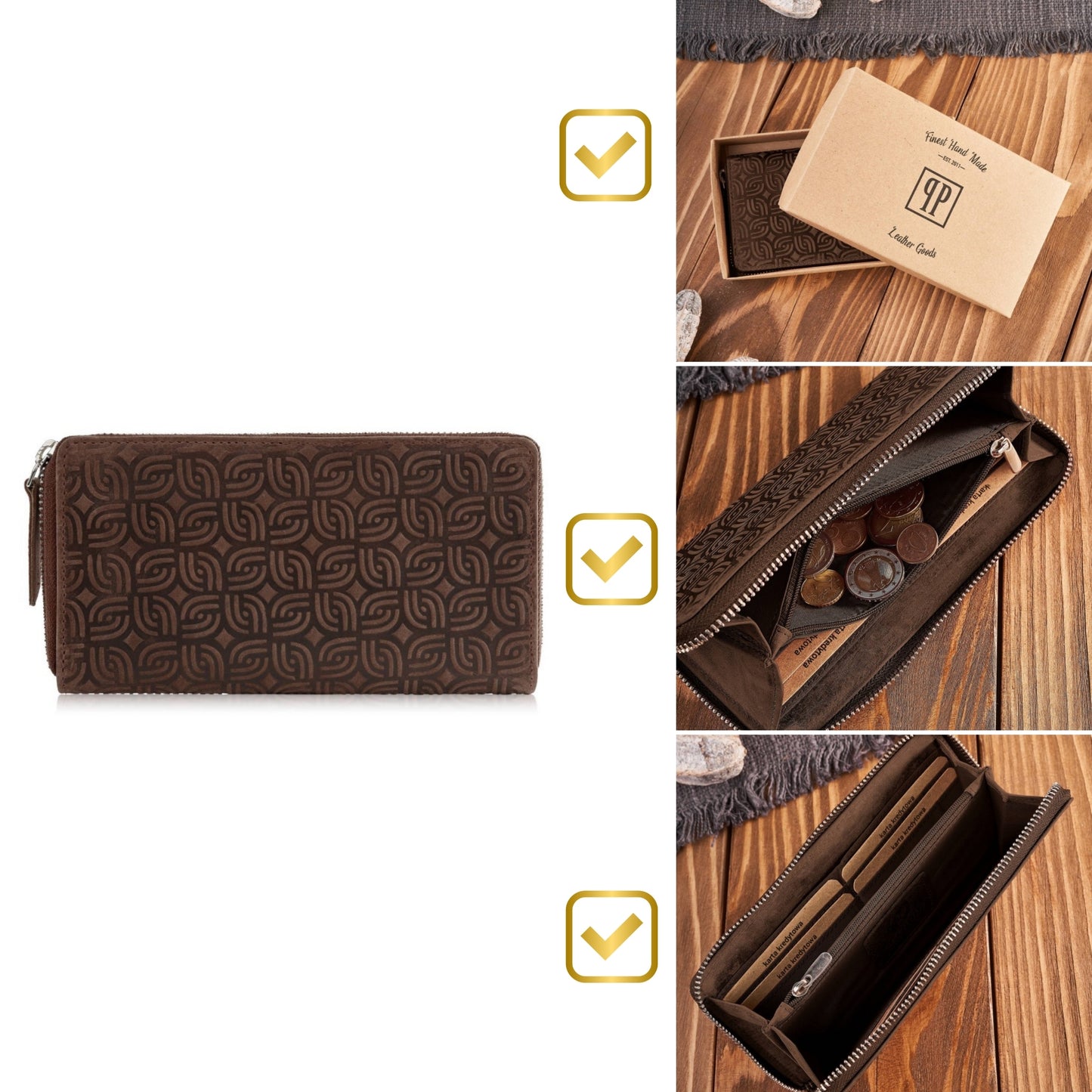 Moteriška odinė ruda didelė piniginė "kopertówka" su geometriniu raštu, RFID