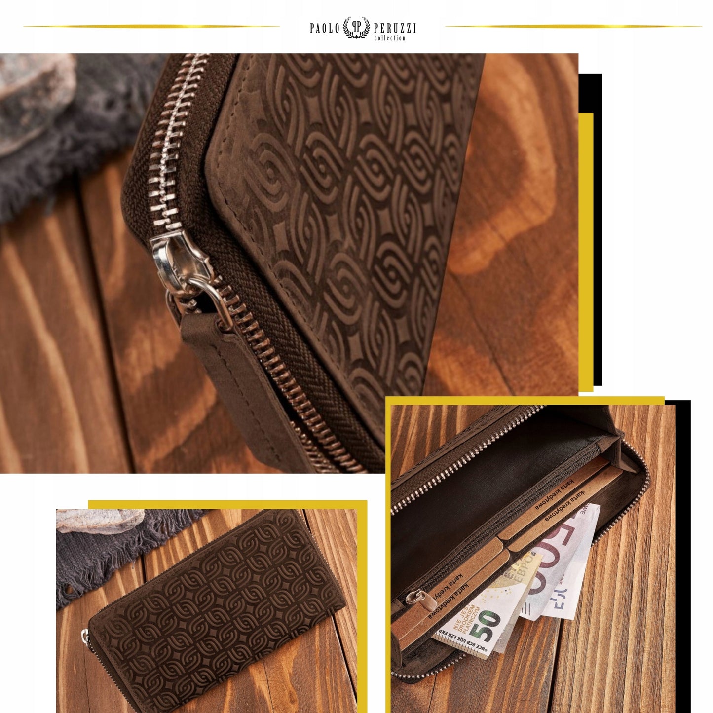 Moteriška odinė ruda didelė piniginė "kopertówka" su geometriniu raštu, RFID