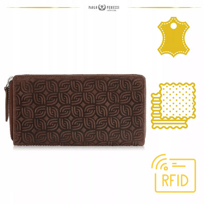 Moteriška odinė ruda didelė piniginė "kopertówka" su geometriniu raštu, RFID