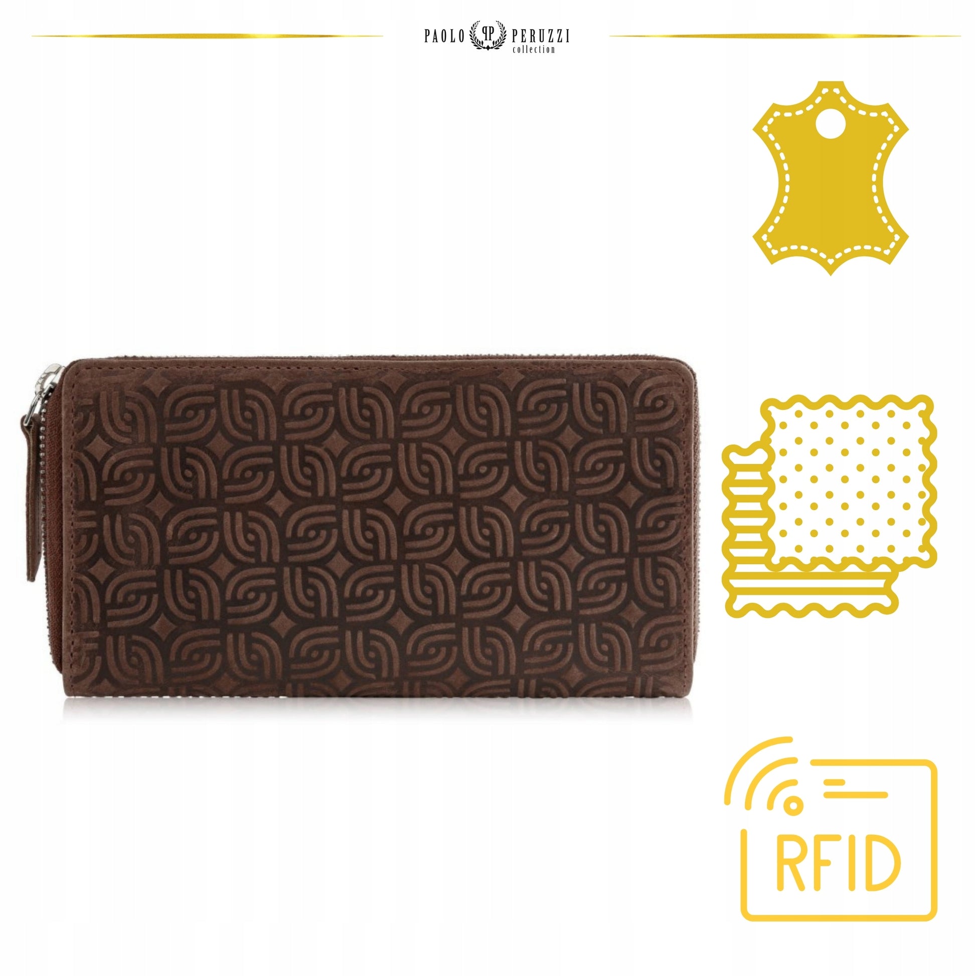 Moteriška odinė ruda didelė piniginė "kopertówka" su geometriniu raštu, RFID