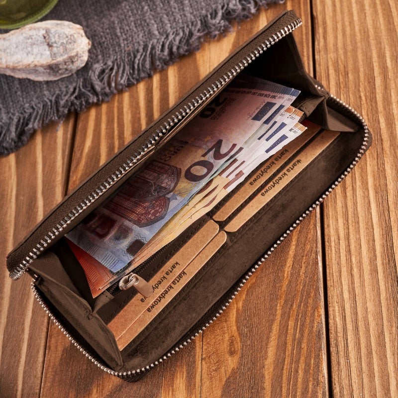 Moteriška odinė ruda didelė piniginė "kopertówka" su geometriniu raštu, RFID