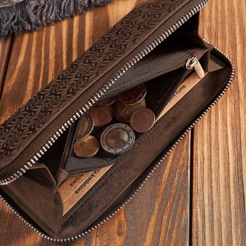 Moteriška odinė ruda didelė piniginė "kopertówka" su geometriniu raštu, RFID