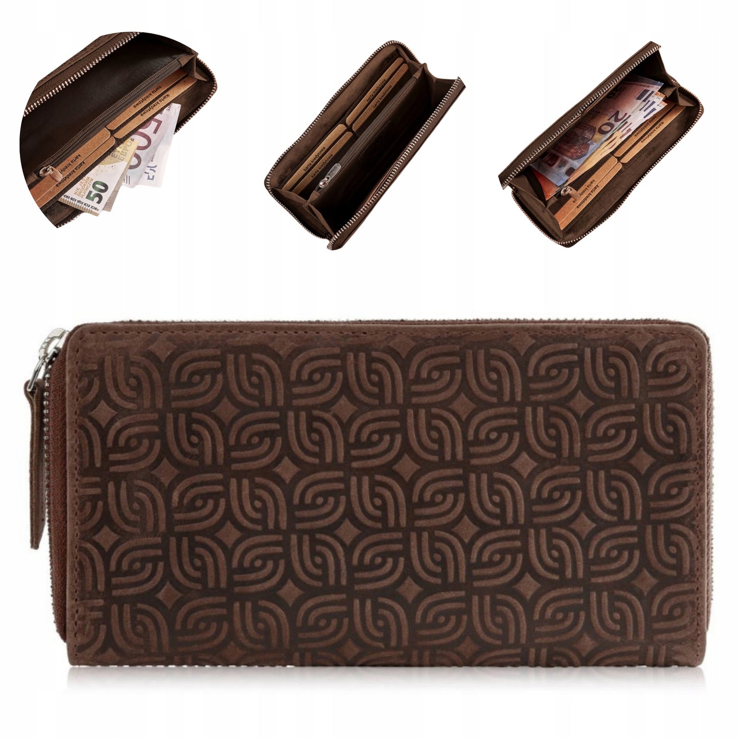 Moteriška odinė ruda didelė piniginė "kopertówka" su geometriniu raštu, RFID