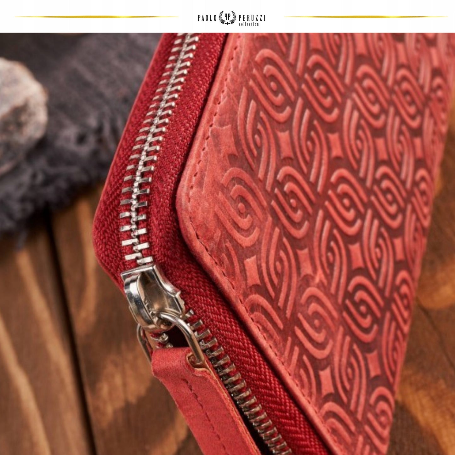 Odinė moteriška piniginė, raudona, geometrinio rašto, su užtrauktuku, RFID