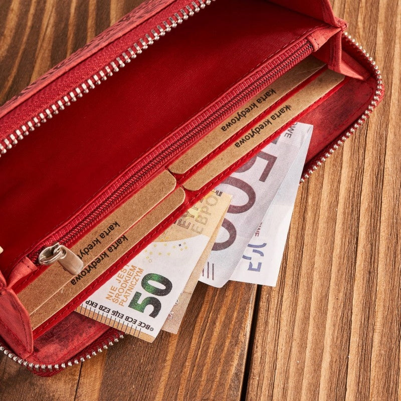 Odinė moteriška piniginė, raudona, geometrinio rašto, su užtrauktuku, RFID