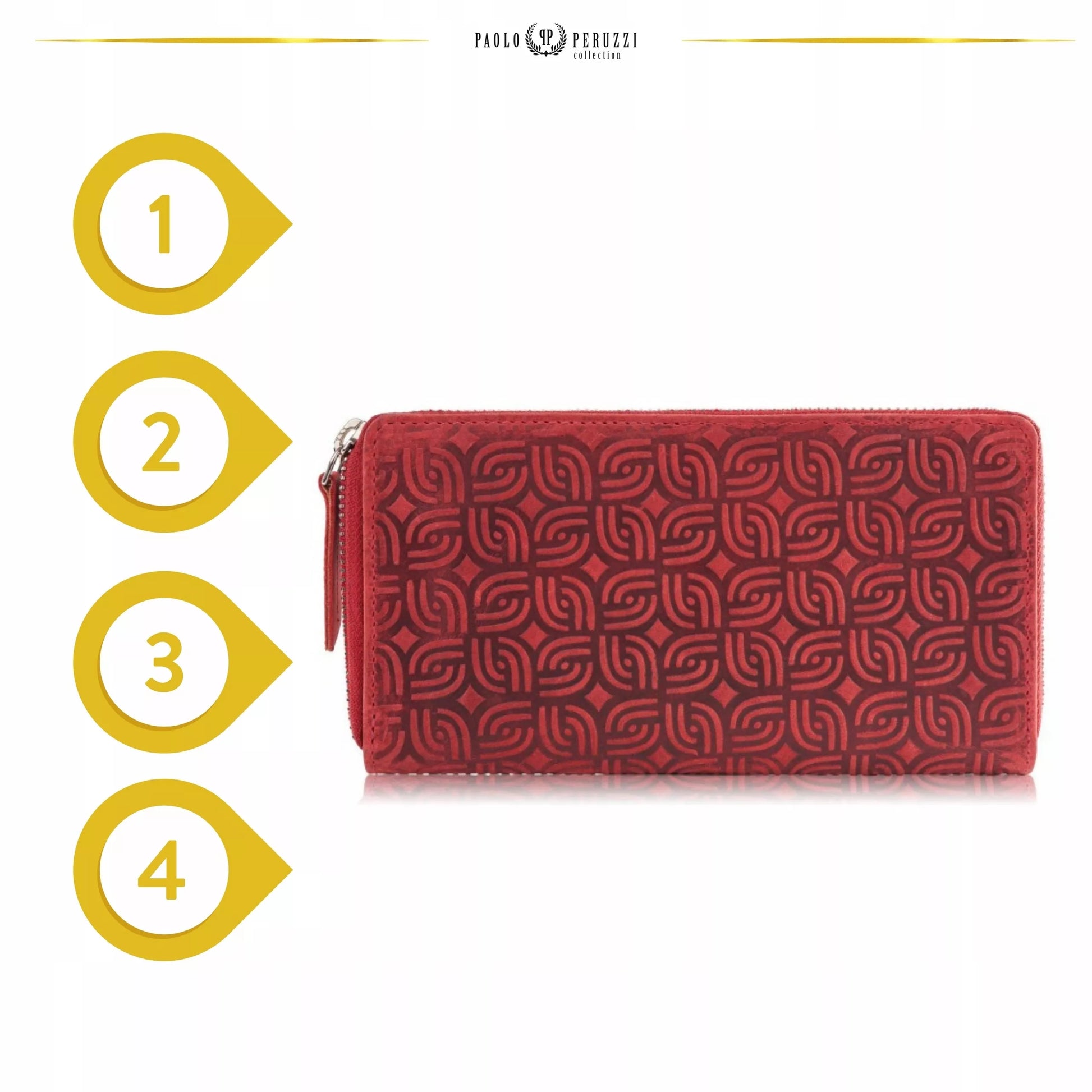 Odinė moteriška piniginė, raudona, geometrinio rašto, su užtrauktuku, RFID