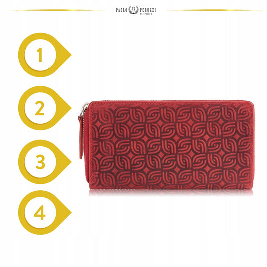 Odinė moteriška piniginė, raudona, geometrinio rašto, su užtrauktuku, RFID