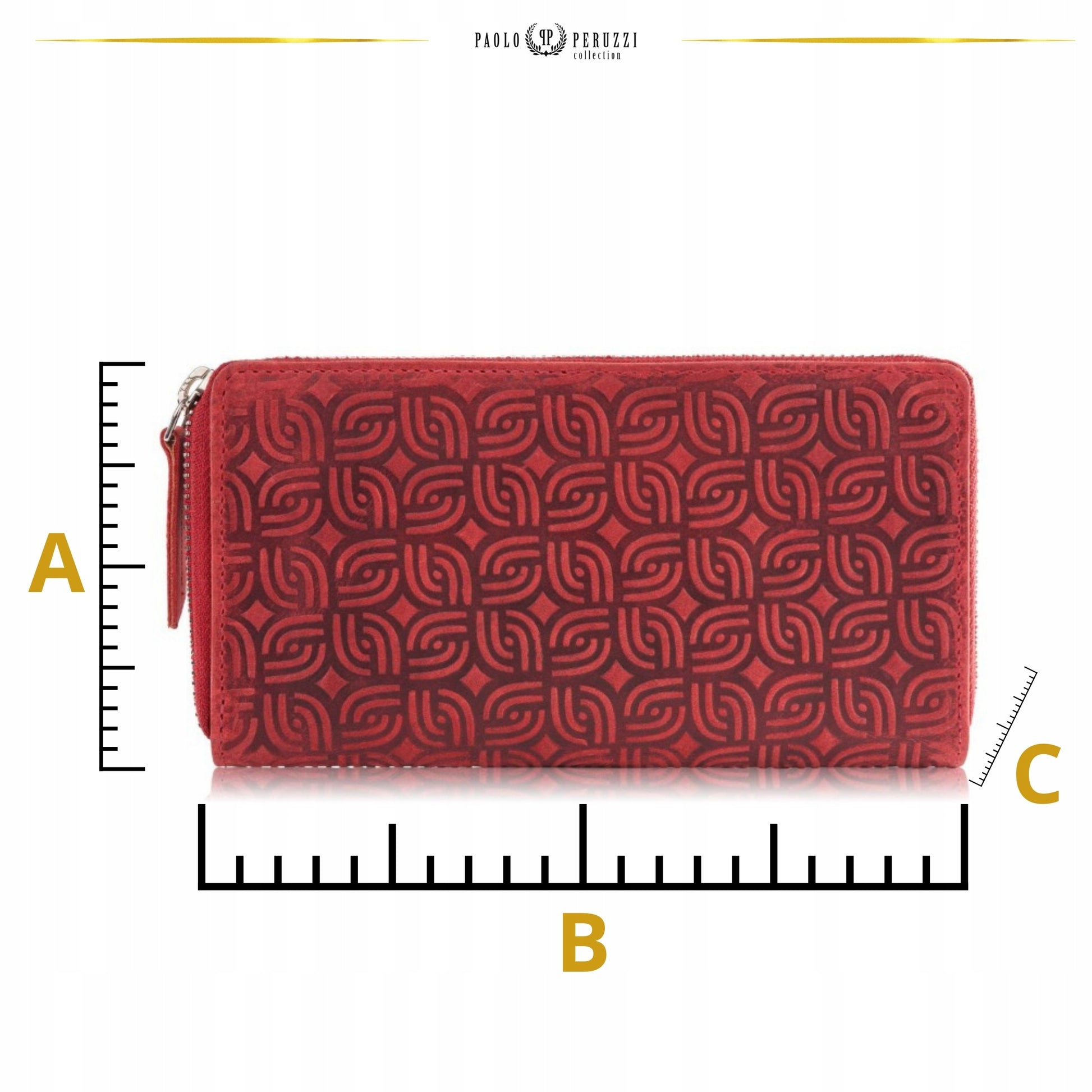 Odinė moteriška piniginė, raudona, geometrinio rašto, su užtrauktuku, RFID