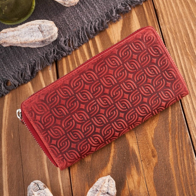 Odinė moteriška piniginė, raudona, geometrinio rašto, su užtrauktuku, RFID