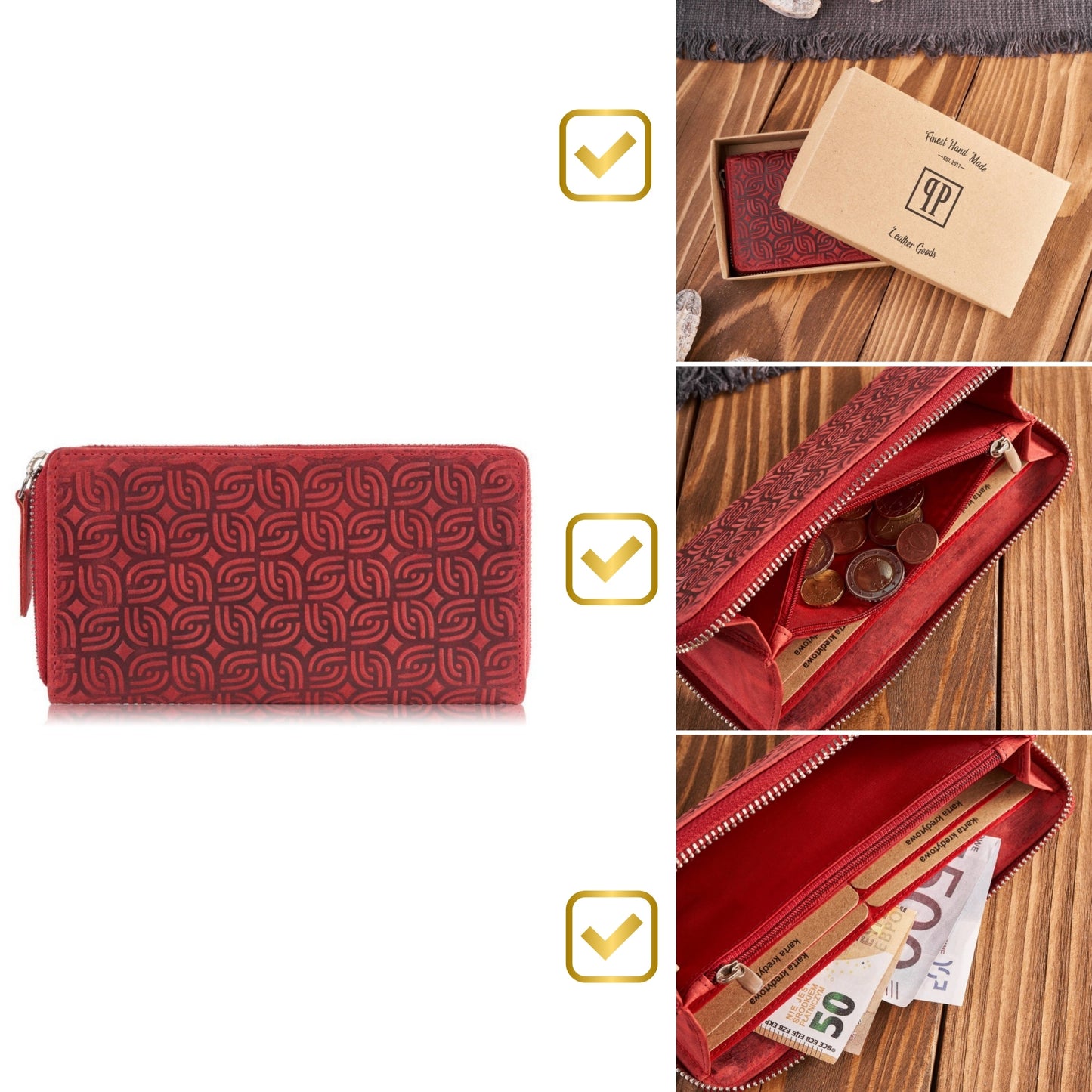 Odinė moteriška piniginė, raudona, geometrinio rašto, su užtrauktuku, RFID