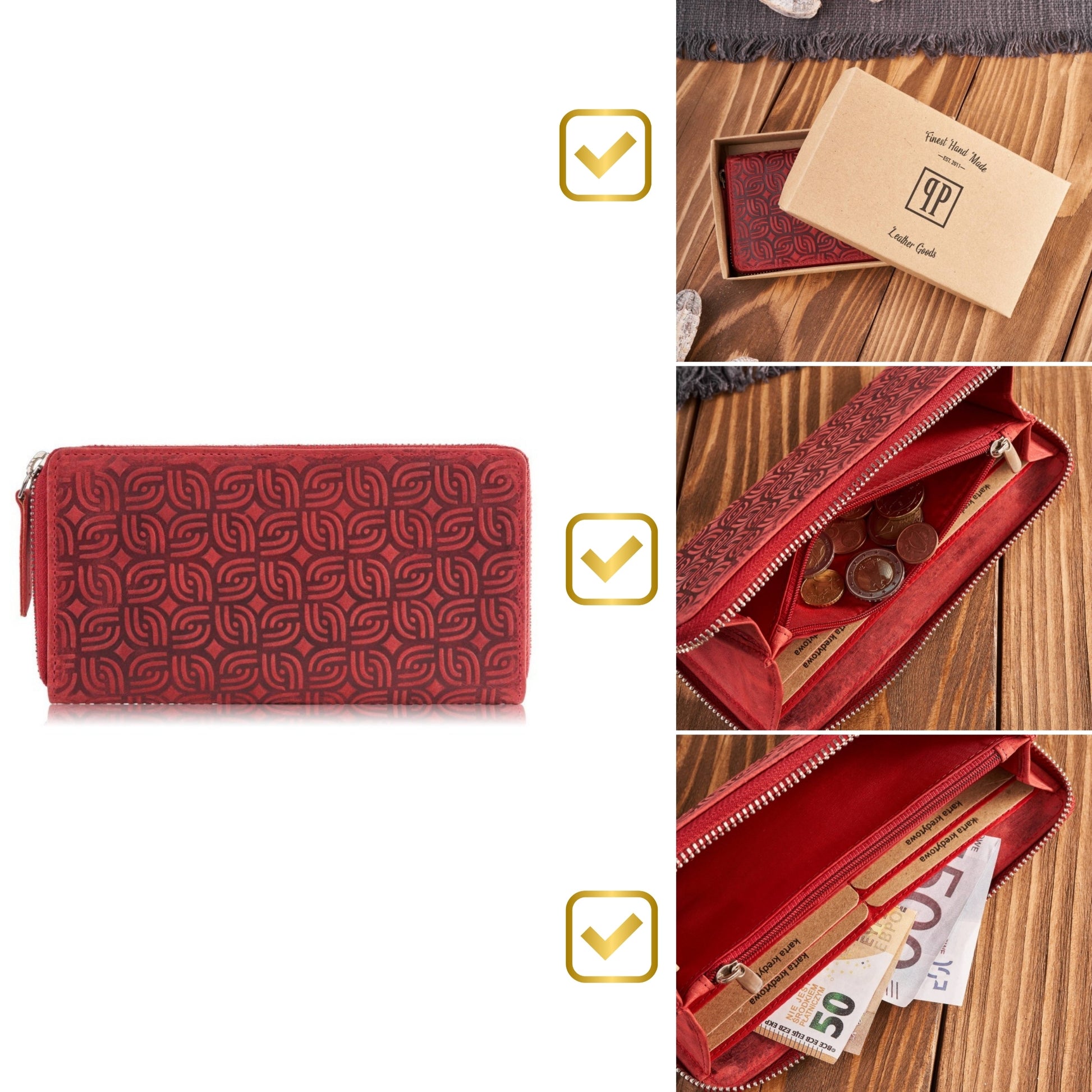 Odinė moteriška piniginė, raudona, geometrinio rašto, su užtrauktuku, RFID