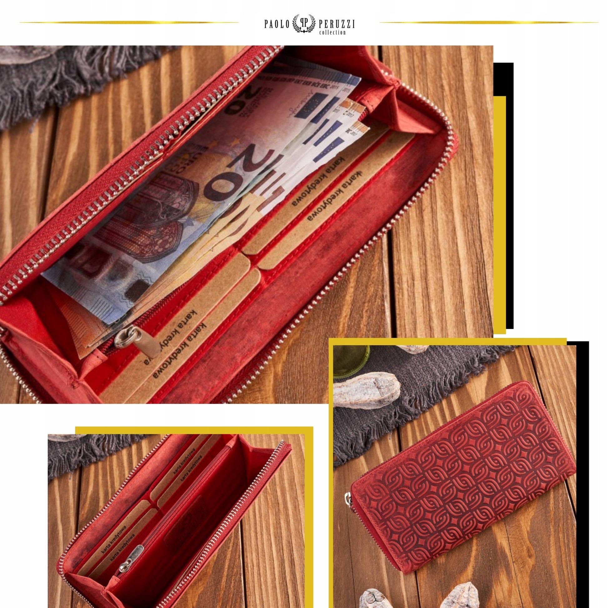 Odinė moteriška piniginė, raudona, geometrinio rašto, su užtrauktuku, RFID