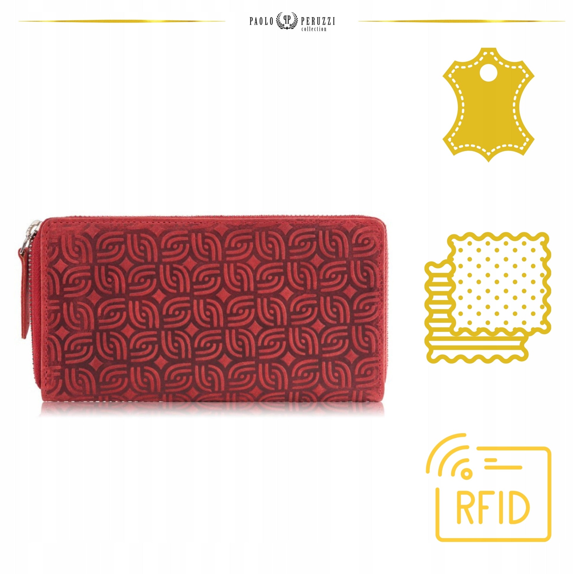 Odinė moteriška piniginė, raudona, geometrinio rašto, su užtrauktuku, RFID