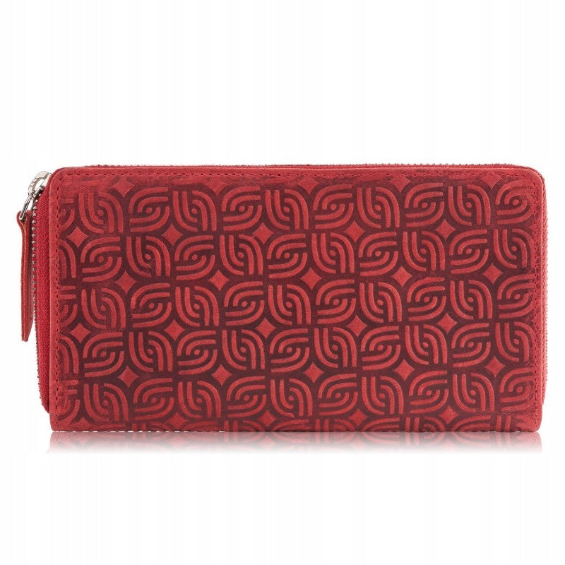 Odinė moteriška piniginė, raudona, geometrinio rašto, su užtrauktuku, RFID