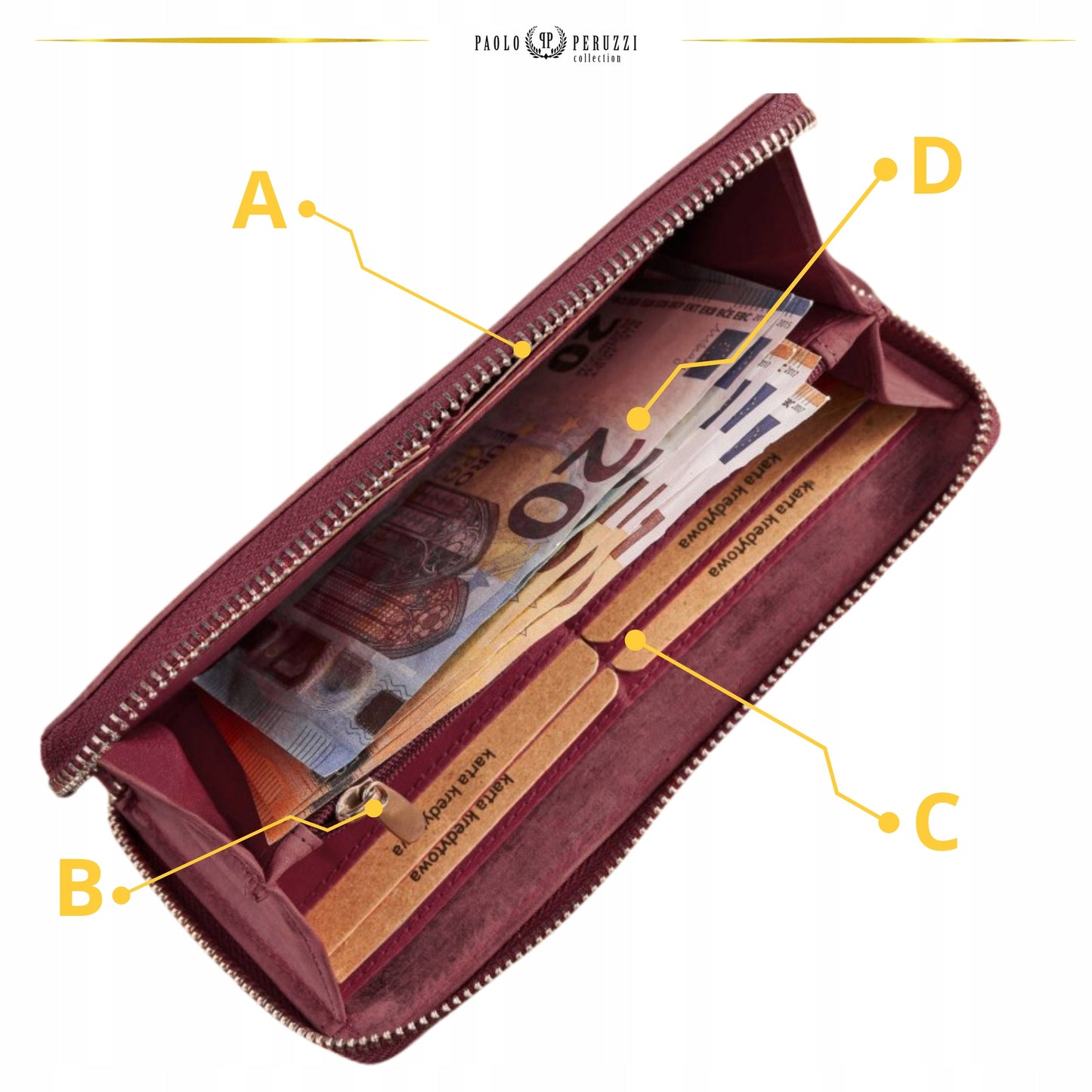 Odinė moteriška piniginė, raudona, geometrinio rašto, su užtrauktuku, RFID
