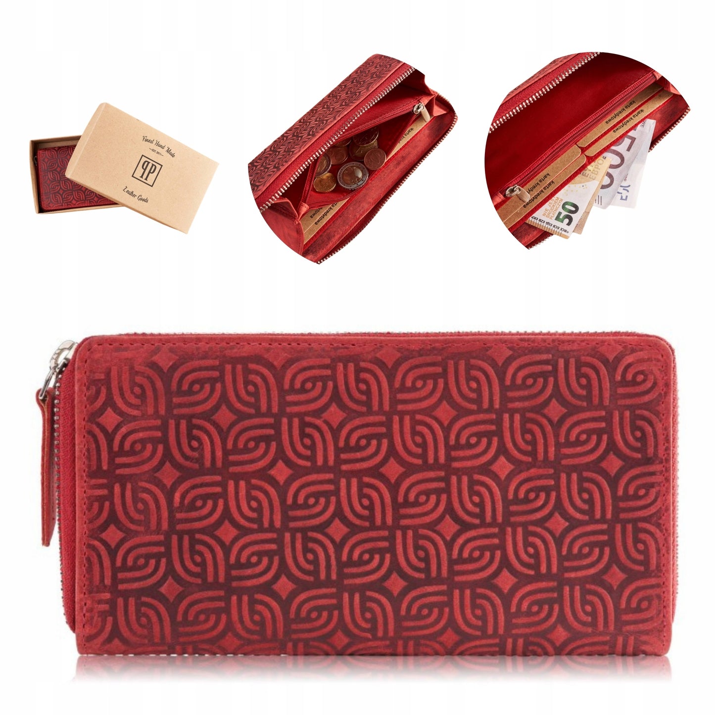 Odinė moteriška piniginė, raudona, geometrinio rašto, su užtrauktuku, RFID