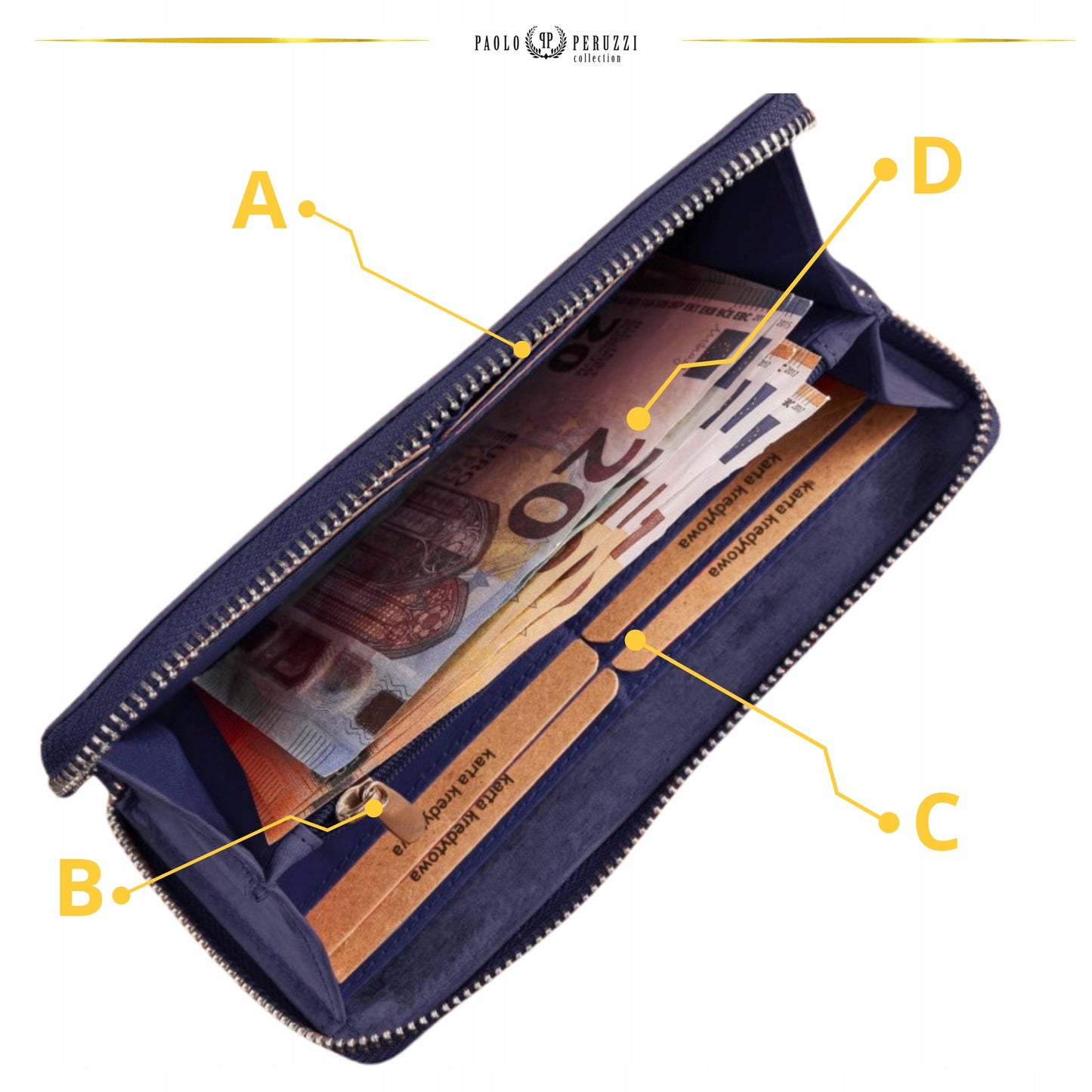 Odinė moteriška tamsiai mėlyna piniginė su užtrauktuku, talpi, madinga, "vintage" stiliaus rankinė-vokelis